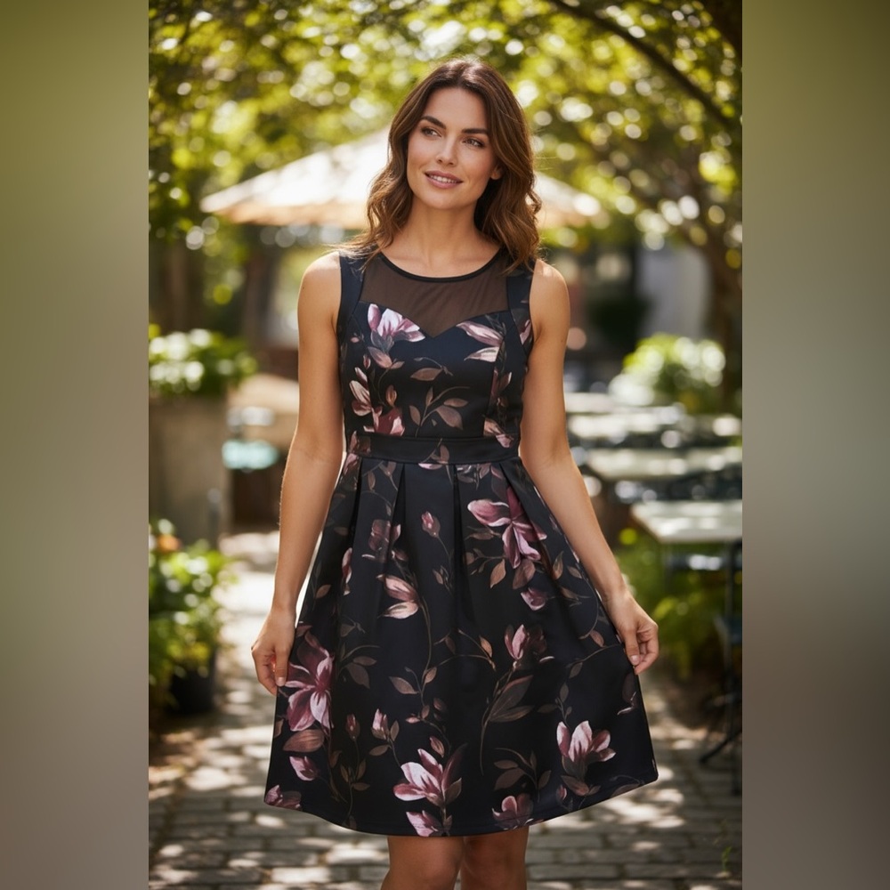 En Focus Studio Black and Pink Floral Mini Dress Size 12